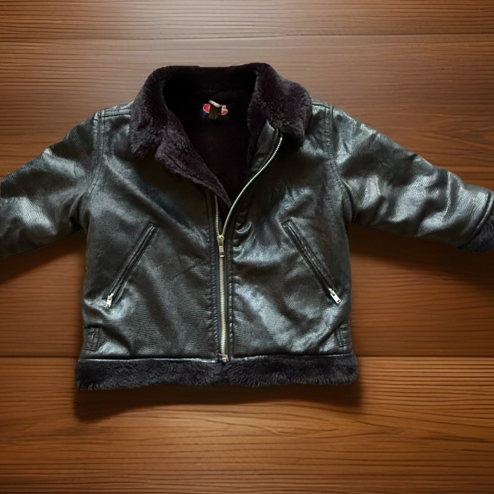 Girls Black Faux Leather Jacket with faux Fur Lining